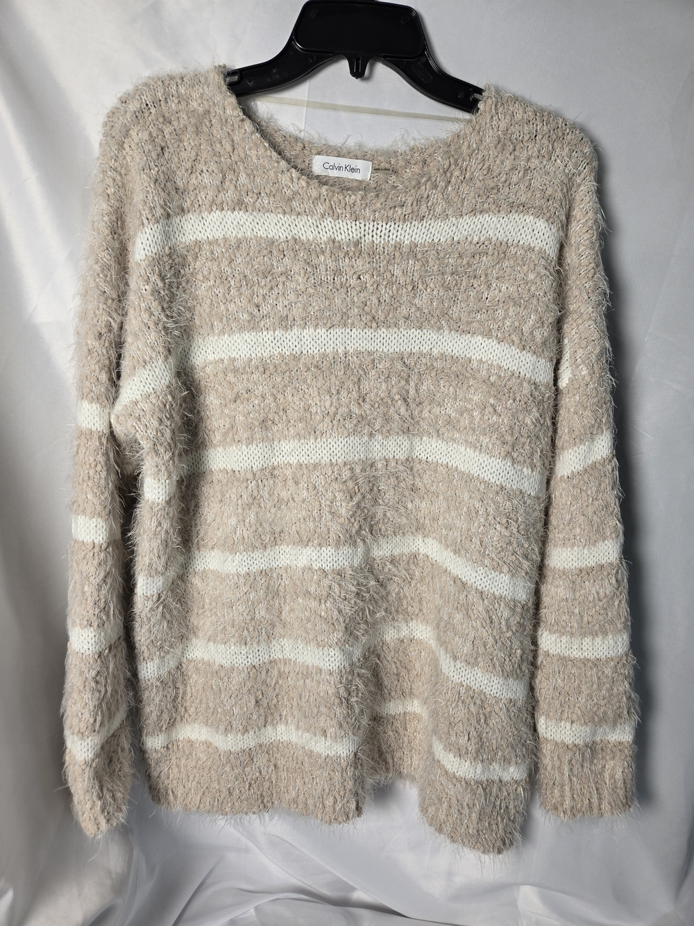 Calvin Klein Women’s Cream & Beige Fuzzy Stripe Sweater